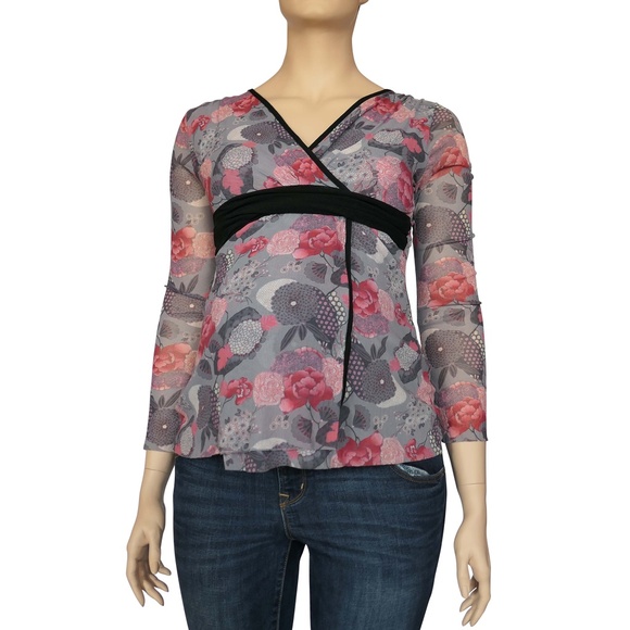 Sweet Pea Tops - Large Gray and Pink Kimono Style Sweet Pea Blouse